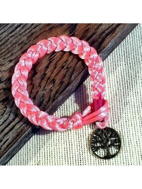 Braided Bright Hot Pink Silk Antique Brass Tree of Life Charm Button Bracelet